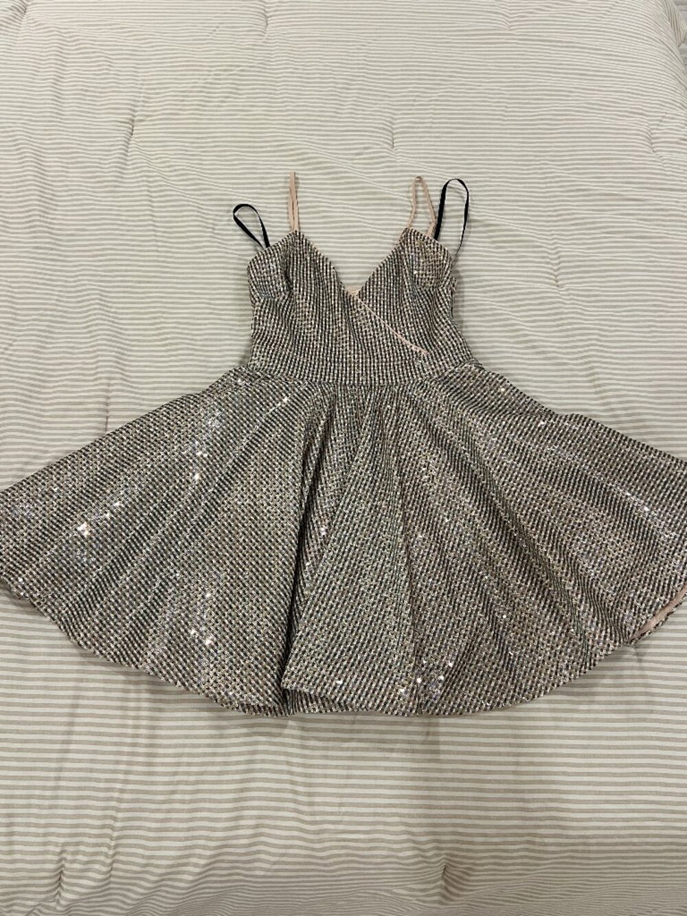 bebe Silver Sequin Corset Skater Mini Party Dress